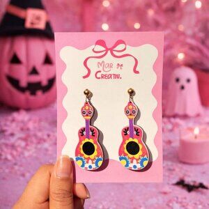 Halloween Sugar Skull Guitar Earrings Colorful Statement Dangle Earrings Spooky